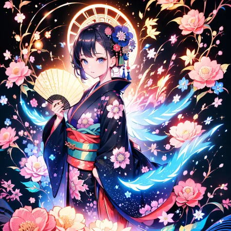 ((( Dynamic Best Composition、 top quality、 Masterpiece、 super detailed、 high definition、 Perfect Anatomy)))、Hand-held、 girl in kimono standing holding a kissel, medium length of gray hair, blue eyes, Dark blue kimono with camellia flower pattern , Gir...