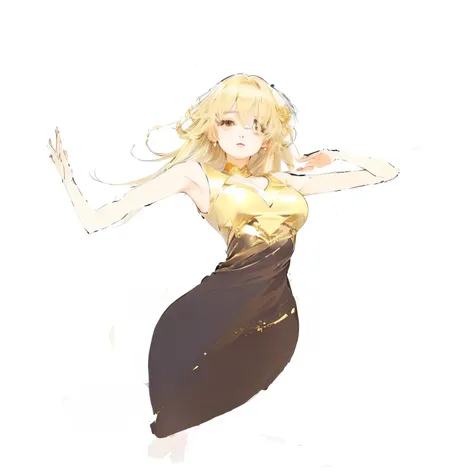 anime girl in a dress with a gold top and brown skirt, princess kida agakash, loli in dress, neutral pose, blonde - haired princess, doing an elegant pose over you, elegant floating pose, anime goddess, full pose, hands behind her body pose!, inspired by Y...