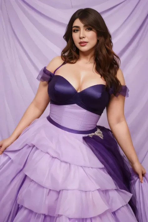 Create a portrait of a bold and confident Hansika motwani with a curvy figure, n Lavender Ombre Ruffle Tulle Corset Dress. Made with a rich lavender Japanese satin and tulle fabric, our Belle comes with our signature boned corsetry with a gorgeous lace-up ...