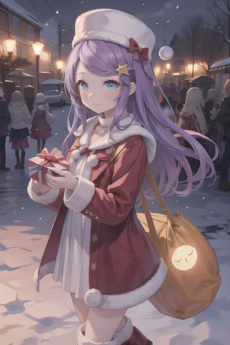 She is dressed in a classic Santa Claus outfit, with a red and white coat, a matching skirt, and black boots, perfectly tailored to her small frame. On her back, she carries a large, white sack filled with presents, the soft fabric of the bag hinting at it...