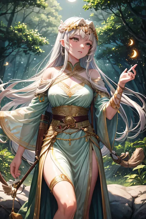 "Artemis, the Greek goddess of the hunt and wilderness, portrayed as a dignified and graceful figure. She has long, braided chestnut hair adorned with small feathers and a simple silver circlet. Her attire is a modest, flowing tunic made of durable forest-...