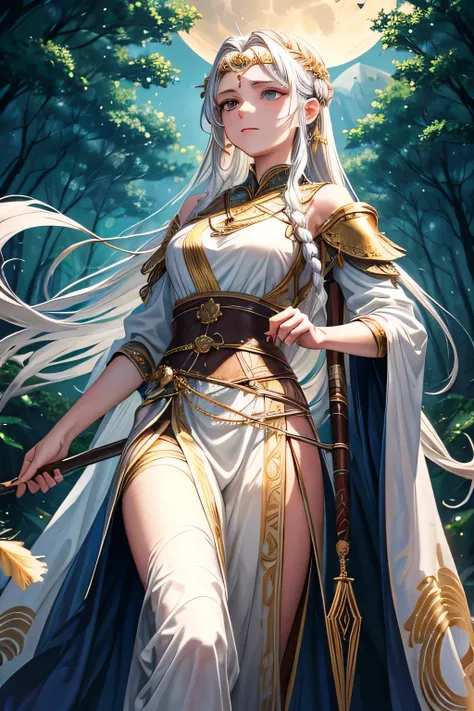 "Artemis, the Greek goddess of the hunt and wilderness, portrayed as a dignified and graceful figure. She has long, braided chestnut hair adorned with small feathers and a simple silver circlet. Her attire is a modest, flowing tunic made of durable forest-...