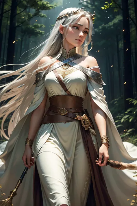 "Artemis, the Greek goddess of the hunt and wilderness, portrayed as a dignified and graceful figure. She has long, braided chestnut hair adorned with small feathers and a simple silver circlet. Her attire is a modest, flowing tunic made of durable forest-...