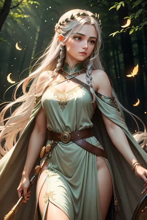 "Artemis, the Greek goddess of the hunt and wilderness, portrayed as a dignified and graceful figure. She has long, braided chestnut hair adorned with small feathers and a simple silver circlet. Her attire is a modest, flowing tunic made of durable forest-...