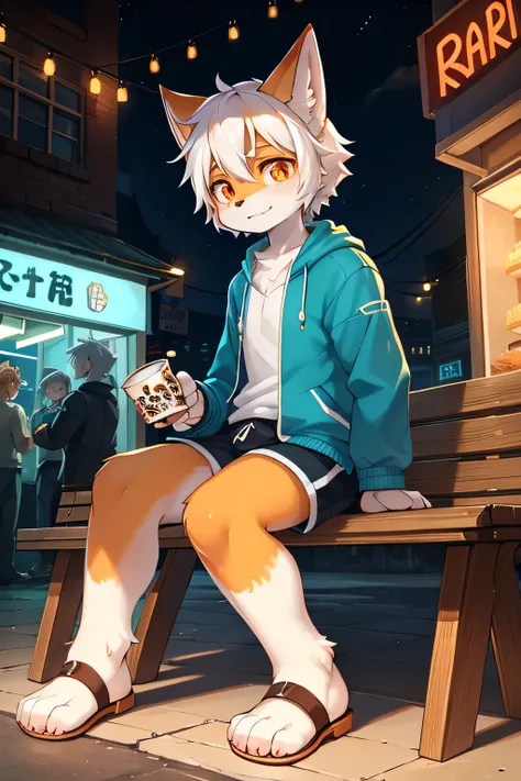  orange fox boy ， white hair， facial features in the right position ， has pupils and white eyes ， delicate blue-orange pupils， turquoise jacket ，Earth shorts ， teal sandals，Standing in the bustling night market， Strong contrast between light and dark， Many...