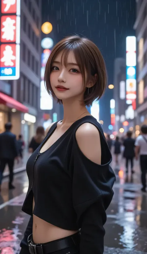  portrait,  1 girl,  beautiful face,  asymmetrical hair , Multicolored Hair, belt,  Bodysuit ,  hide her mouth, Belly button cover,  separation sleeve,  Grey Eyes ,  hip vent,  open jacket, cute,  viewers of the pin, Night City, neon, rain,