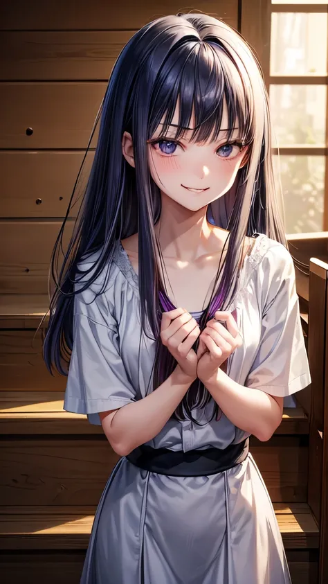 A 22 years old downer Japanese lady(( small bust))(( slender body )),(( brushing her hair behind her ears pose )), grayish red a bit messy very short hair(( voluminous hair intake))((much longer forelock)), blue highlights hair, bluish purple foodie , ((cl...