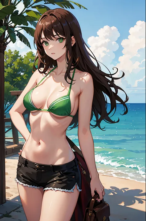 1woman, tall, brown hair, green eyes, bikini top, shorts, standing on ground, high res, ultra sharp, 8K, masterpiece