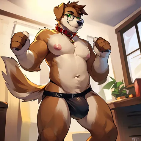 Solo, anthro, male (((domestic dog, green eyes, thin, pink nipples, brown body, tan fur, brown hair, floppy ears, folded ears, cheek tuft, tail, circle glasses, black glasses, red collar, black jockstrap, bulge))) standing, bedroom, smirking, detailed eyes...