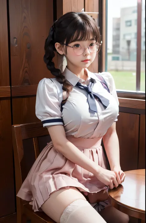 A girl,  cute l old, maturbate, big breast, sexy, short dress, twin tail,  CG Unity 8k Wallpaper,  in uniform school thin silk wet , open v chested petticoat, eyes realistic sizing, pleated skirt, (((round face, blush))), ((table corner is hit her crotch))...