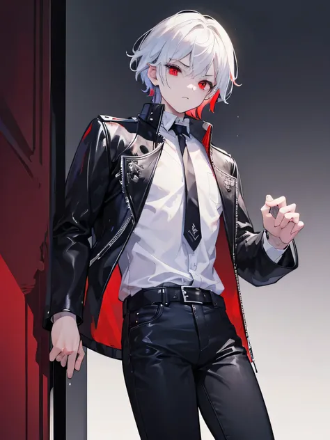 (masterpiece,  Best Quality)，Young boy,1 person,  Short White Hair Comb Backwards ,  red eyes, Seductive gaze , Vampire Aesthetics ,  Gothic Castle Background ,  Black Leather Varsity Jacket,  white shirt ,  blue jeans , absurd,  high resolution when surfi...