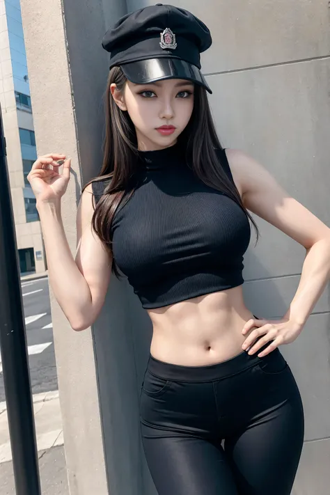  physically-based rendering , (1 girl:1),  K-pop idol , ( beautiful :1.2), street,  sexy muscular body, Slim waist, （Vest line，Muscular hands:1.2）， blue eyes ，Double eyelid long lashes ，Sexy plump lips，（Sexy long legs：1.4），（Thigh gap：1.5），Wide hips，S-Shape...