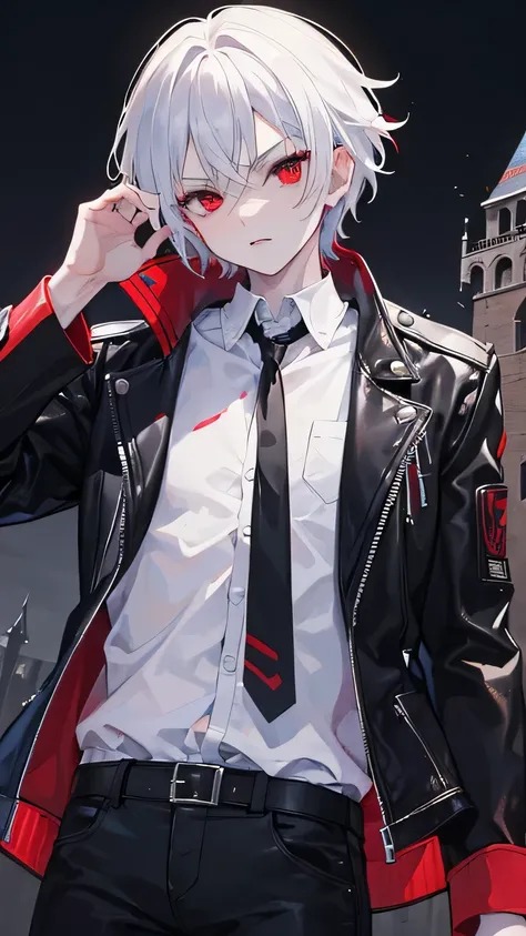 (masterpiece,  Best Quality)，Young boy,1 person,  Short White Hair Comb Backwards ,  red eyes, Seductive gaze , Vampire Aesthetics ,  Gothic Castle Background ,  Black Leather Varsity Jacket,  white shirt ,  blue jeans , absurd,  high resolution when surfi...