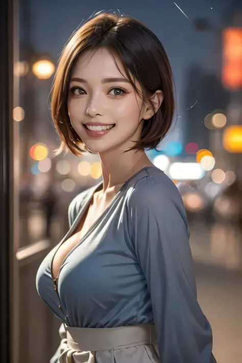 (highest quality, 8k, 32K, masterpiece), ( realistic ), ( realistic :1.2), ( high definition ), (night:1.7),  cyberpunk, Town, In Front of the window,  jacket, ( blue shirt),  tight miniskirt , clavicle, gem, gem, Bob, ( 1 Woman ), (Grin),  beautiful体,  be...