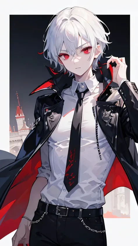 (masterpiece,  Best Quality)，Young boy,1 person,  Short White Hair Comb Backwards ,  red eyes, Seductive gaze , Vampire Aesthetics ,  Gothic Castle Background , black leather varsity cape,  white shirt ,  blue jeans , absurd,  high resolution when surfing,...