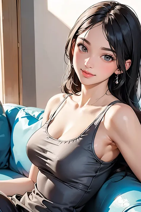 Top quality, 8K, masterpiece, ultra-detailed, one beautiful and refined female knight, age 31, well-proportioned feminine body shape, simple gray tank top, petticoat, blushed, f/1, looking at the viewer, intimate smile, (white background: 1.3), on sofa, ci...