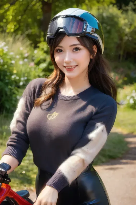 ((best quality)), ((masterpiece)), (detailed), 1girl, sexy,Vintage Bikes、Triumph、Isle of Man Races、(Young female rider stands on the back of her bike for a photo)、Leather jumper、Cromwell helmet with goggles、after the rain、English countryside landscape、BSA ...