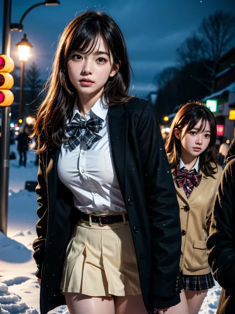 ((solo)), ((1 girl)), Panties Small, street, crowded, ((night)), ((snowing)), ((snow)), ((Embarrassing)), 1girl, brown hair, long hair, bangs, brown eyes, big breasts, large breasts, red bowtie, school uniform, black jacket, open jacket, brown cardigan, wh...