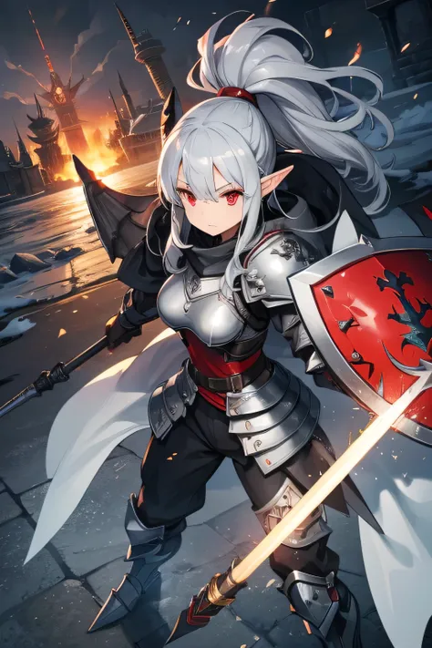 Grey Hair、female、One character、 Military 、 goggles on head、pants、 ponytail、 Long Coat、 small tits、 holding a long spear is hiding its mouth with a muffler、 random expression、Tall,Combat Armor、 Dragon Rider 、 red eyes、war hammer、 elf ears、Ride on Dragon、shi...