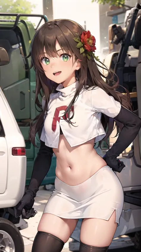 absurd,wind, 1 boy, male focus , trap, black hair, Verdigris Hair, Hair Blade ,hair flower, aqua green eyes ,Women, 1 boy, team rocket, team rocket uniform,White Skirt,Red letter R, crop top, black thigh high socks,black elbow gloves, cowboy shot , lau...