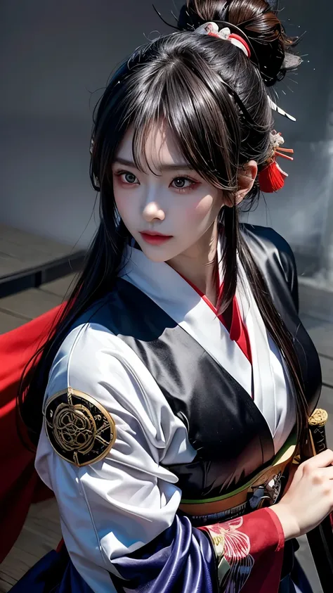 The enigmatic samurai woman (Musashi Miyamoto) wielding a long Japanese sword, Splitting with each powerful slash、Enveloped in the mist that obscures vision, Revealing a vivid and otherworldly scene, The clarity of the swords slash against the hazy backgro...