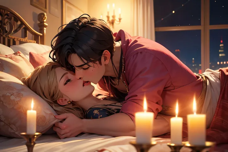 Boy and woman, beautiful woman, kissing each other with passion, in a bedroom, bright room, candles lit, night time,