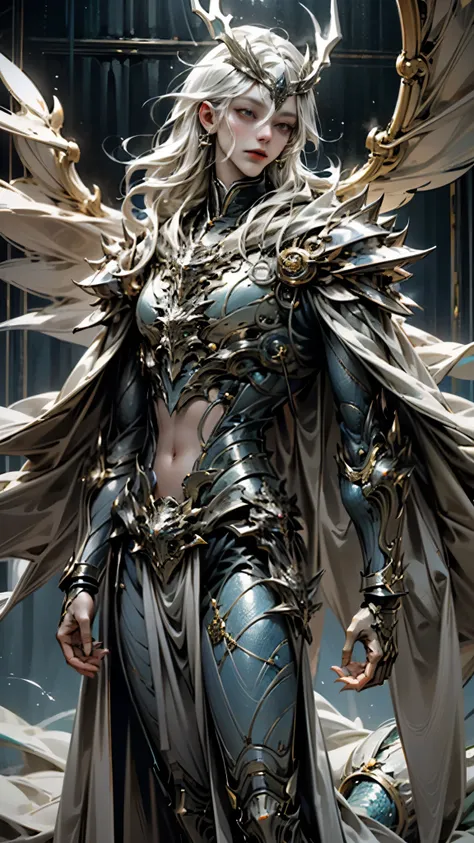  a very detailed picture of an epic Renaissance vampire alien man,  long white hair hanging down to the waist and 、 he has complex white eyes that radiate a mysterious glow 。. fantastic appearance 、 super detailed ,  is a 32K resolution image that captures...