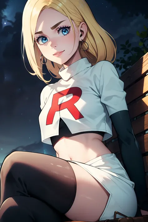  historia,blond hair,blue eyes,glossy lips, earrings ,team rocket, team rocket uniform, red letter R, white skirt, white crop top, black thigh-highs, black elbow gloves, evil smile, looking at viewer, sitting down,crossed legged,night sky background