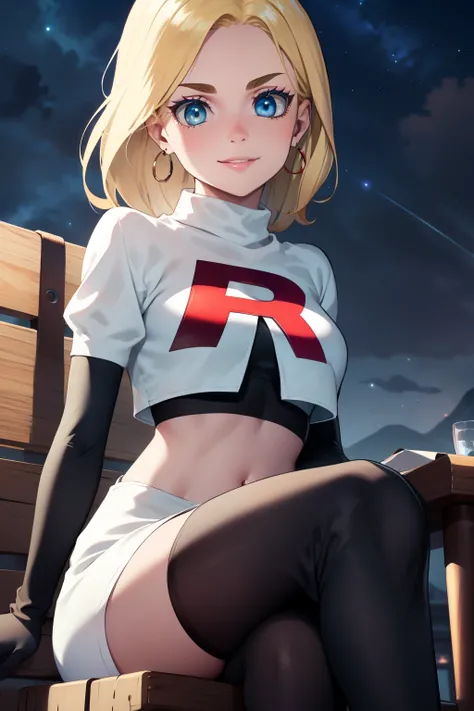  historia,blond hair,blue eyes,glossy lips, earrings ,team rocket, team rocket uniform, red letter R, white skirt, white crop top, black thigh-highs, black elbow gloves, evil smile, looking at viewer, sitting down,crossed legged,night sky background