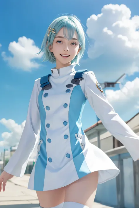1 girl, Alone, upper body、 short hair, purple eyes, thigh strap to hide one ear, hair ornament, hair clip, aqua hair, open mouth, smile, dress, Long Sleeve , looking at viewer, short dress, lean forward, knee boots , thigh pouch to hide one e...