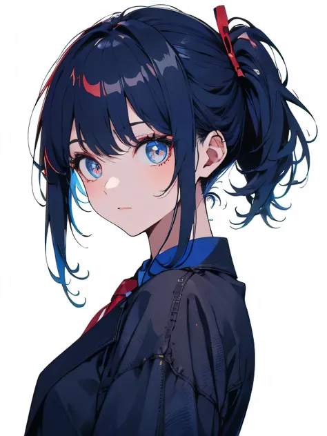  draw a black and white world、Cut-and-sew bob hair， high ponytail， let the rest of your hair hang down，Blue Hair， light blue gradation hair、 1 girl，Plain white background，Sparkling blue eyes，Red glowing eyes，Purple glowing eyes， red eyeshadow、 very detaile...