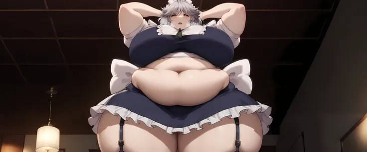 masterpiece、 best quality， very sophisticated、 pantyhose ，（from below ：1.25），Sakuya izayoi，East，alone，Maid head dress、Maid，apron，Short sleeve， dress, Gray Hair、garter belt fat, chubby, obese, gigantic arms and legs, large breasts open mouth, out of breath,...