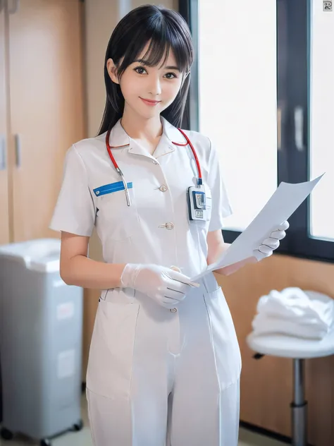 (Close-up face shot of one slender small breasts two side up black medium hair with bangs girl in a white nurse long pants uniform :1.5)、(One nurse hold paper cup on hand with urethane gloves in the hospital room in Japan with small smile:1.5)、(blurred bac...