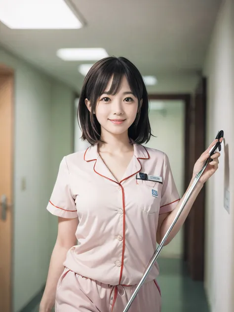 (Close up face shot of two womens1.5)、(One slender small breasts two side up black medium hair with bangs nurse in a white nurse long pants uniform :1.5)、(Another tiny slender brown short hair girl patient in pajamas is standing use crutch :1.5)、 (One nurs...