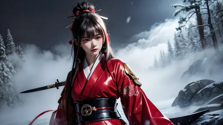 The enigmatic samurai woman (Musashi Miyamoto) wielding a long Japanese sword, Splitting with each powerful slash、Enveloped in the mist that obscures vision, Revealing a vivid and otherworldly scene, The clarity of the swords slash against the hazy backgro...