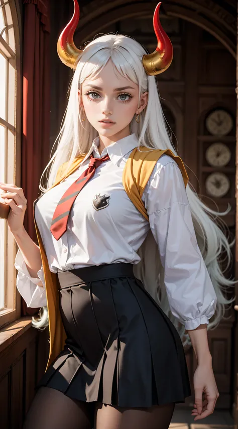 Beautiful white hair woman is shown to have a sexy figure, She is wearing Hogwarts yellow witch robes, yellow robes, jewelry, British yellow school uniforms under robes, red horns, school vest and yellow tie, school skirt, pantyhose, she has orange eyes,Gi...