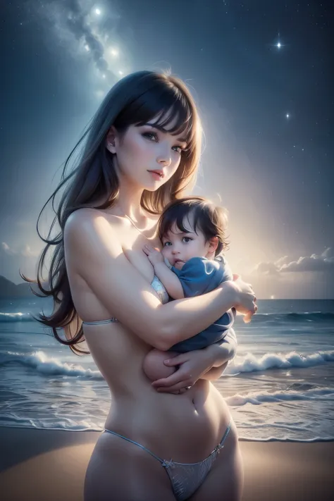 Best quality, realistic, image of beauty woman holding year-old babyboy, looking camera, fairy, bikini, naked, beach, night sky background