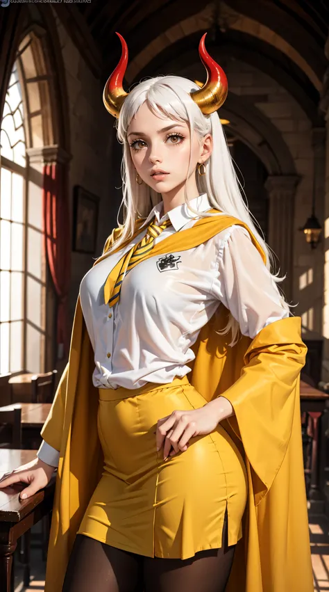 Beautiful white hair woman is shown to have a sexy figure, She is wearing Hogwarts yellow witch robes, yellow robes, jewelry, British yellow school uniforms under robes, red horns, school vest and yellow tie, school skirt, pantyhose, she has orange eyes,Gi...