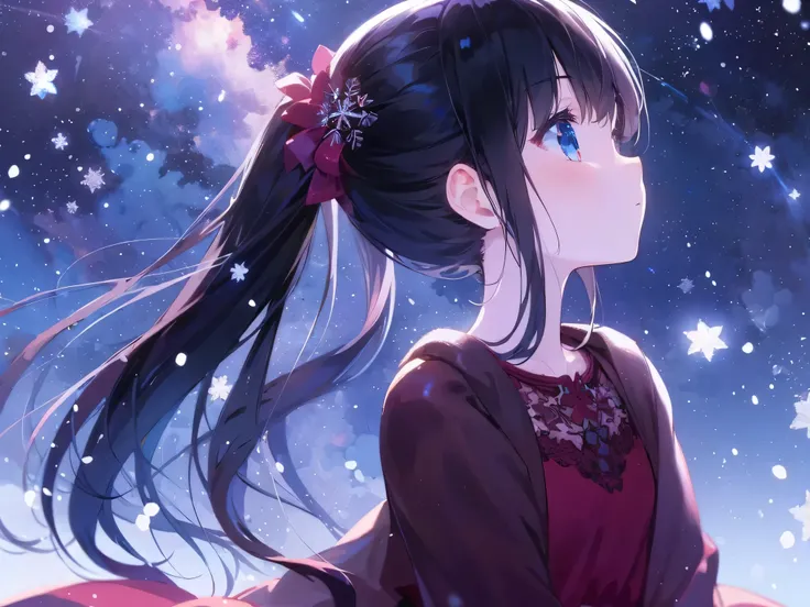 illustration Neat and clean girl 、Extremely fantastical 、blue sky 、Backlighting、 Gentle features、 black girl in a white dress looking up at the sky、  Full Body Esbian、Beautiful detailed sky with shining stars, Full Body Esbian、Sparkling、 low angle super lo...