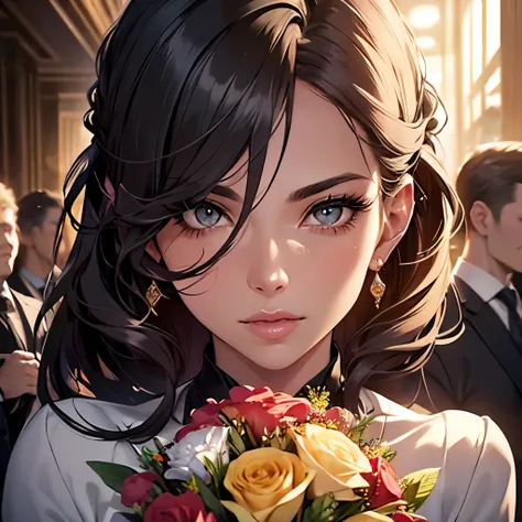 a formal farewell party, a bouquet of flowers, a group of people in suits, surrounded by many people, 1 woman,1 man,detailed faces,beautiful eyes,beautiful lips,long eyelashes,highly detailed,masterpiece,8k,photorealistic,professional photography,warm ligh...