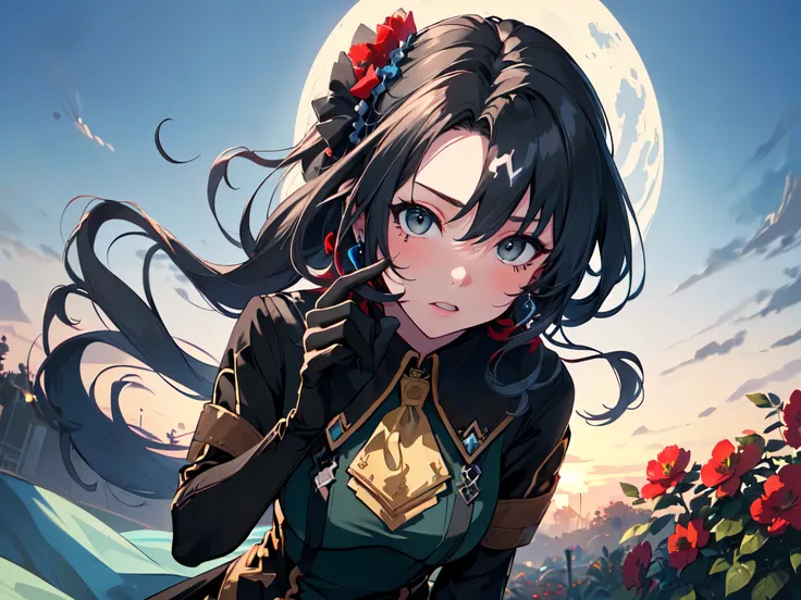 (solo:2), (girl, human ears:2), (leaning forward to accentuate upper body:2), (gentle gaze:2), (long black hair:2), (hair tied in a large blue ribbon:2), (lots of hair accessories:2), (teardrop-shaped earrings:2), (gorgeous blue high-necked collared dress,...