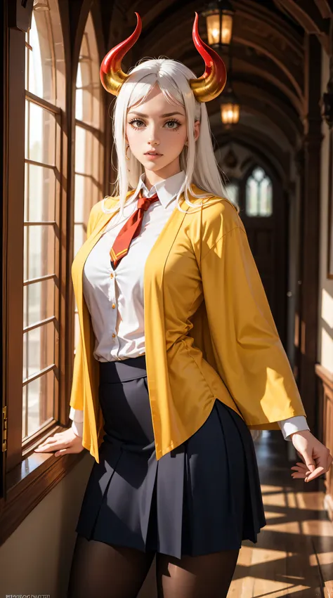 Beautiful white hair woman is shown to have a sexy figure, She is wearing Hogwarts yellow witch robes, yellow robes, jewelry, British yellow school uniforms under robes, red horns, school vest and yellow tie, school skirt, pantyhose, she has orange eyes,Gi...