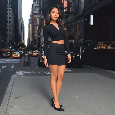  Latin an Asian woman , black air regard very sexy, age 25 years, very sexy,  full body photo , She has heels ,  a very short tight skirt with a low-cut black blouse,  super silhouette  , in new york city chritsman 