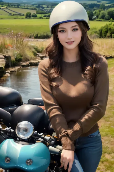 ((best quality)), ((masterpiece)), (detailed), 1girl, sexy,Vintage Bikes、Triumph、Isle of Man Races、(Young female rider stands on the back of her bike for a photo)、Leather jumper、Cromwell helmet with goggles、after the rain、English countryside landscape、BSA ...