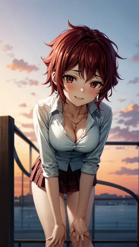 （ super high quality , super high resolution ,16k,super masterpiece,Ultra HD ,Detailed shading and background,）NSFW, sexy girl ,（White nude shirt, cleavage, Plaid Mini Skirt,） necklace,smile,blush,Sunset rooftop,The wind lifts her hair and skirt,Hold your ...