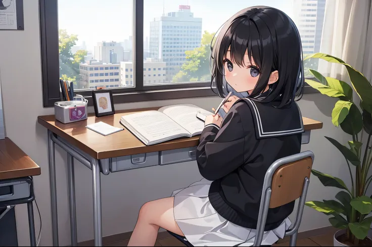 a school girl who has short wavy black hair is sitting on her chair with the desk and writing something on her notebook. she is a cute girl with black eyes. super HD vision , super clear photo , make the image like a magic. she is sitting next to a window....