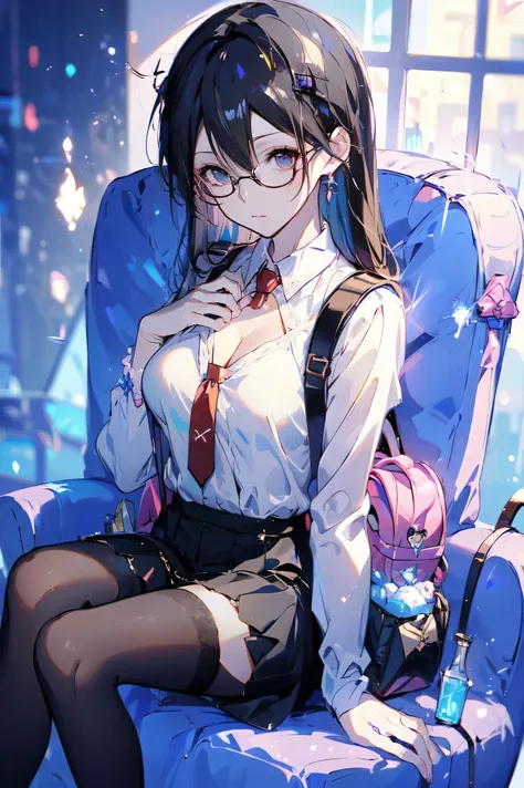  Anime Female,  Long Brown Hair ,  Long Sleeved White Shirt , tie,  tights , skirt, Backpack,  Round glasses, Serious empty eyes ,  sitting in a chair

 Long hair ， Kirito   ， Big Breasts (d), Chest, Black Hair, 