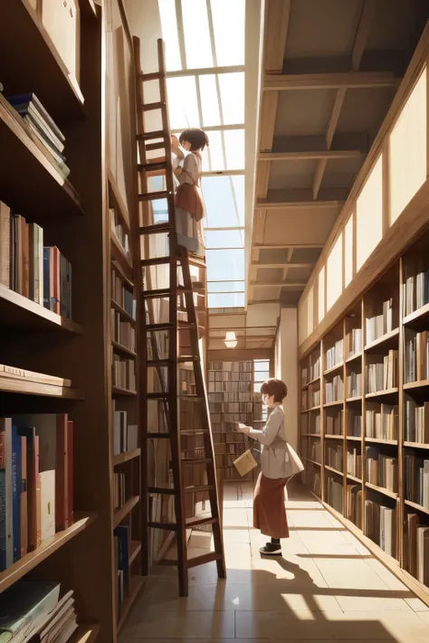 Anime - anime-style illustration of a woman climbing a bookstore ladder, Animation by Yanagawa Nobusada,  pixib,   Conceptual Art ,  Animated Background Art , praise girl, praise art, praise girl aesthetic, in Makoto Shinkai&#39;s Style, praise, Makoto Shi...