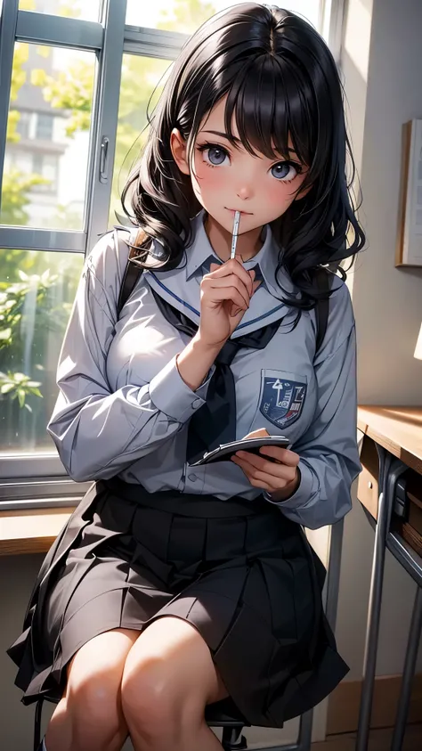 a school girl who has very short wavy black hair is sitting on her chair with the desk and writing something on her notebook. she is a cute girl with black eyes. super HD vision , super clear photo , make the image like a magic. she is sitting next to a wi...