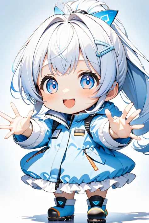 (masterpiece, ultra detailed, top quality), (cute deformed anime, full body of 2 heads,  girl), beckoning, cheerful, ( face, big light blue eyes, ponytail with white hair:1.2), BREAK (light blue hair clip, explorers jacket, light blue ruffled dress, thick-...